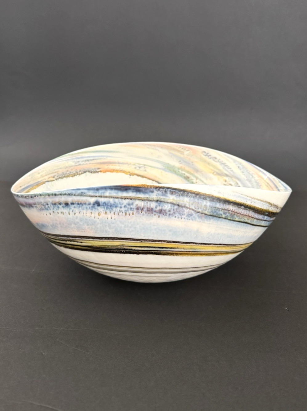 Murano Glass Centerpiece Bowl Fossili Iridescent Ivory Blue Gold Seashell Italy